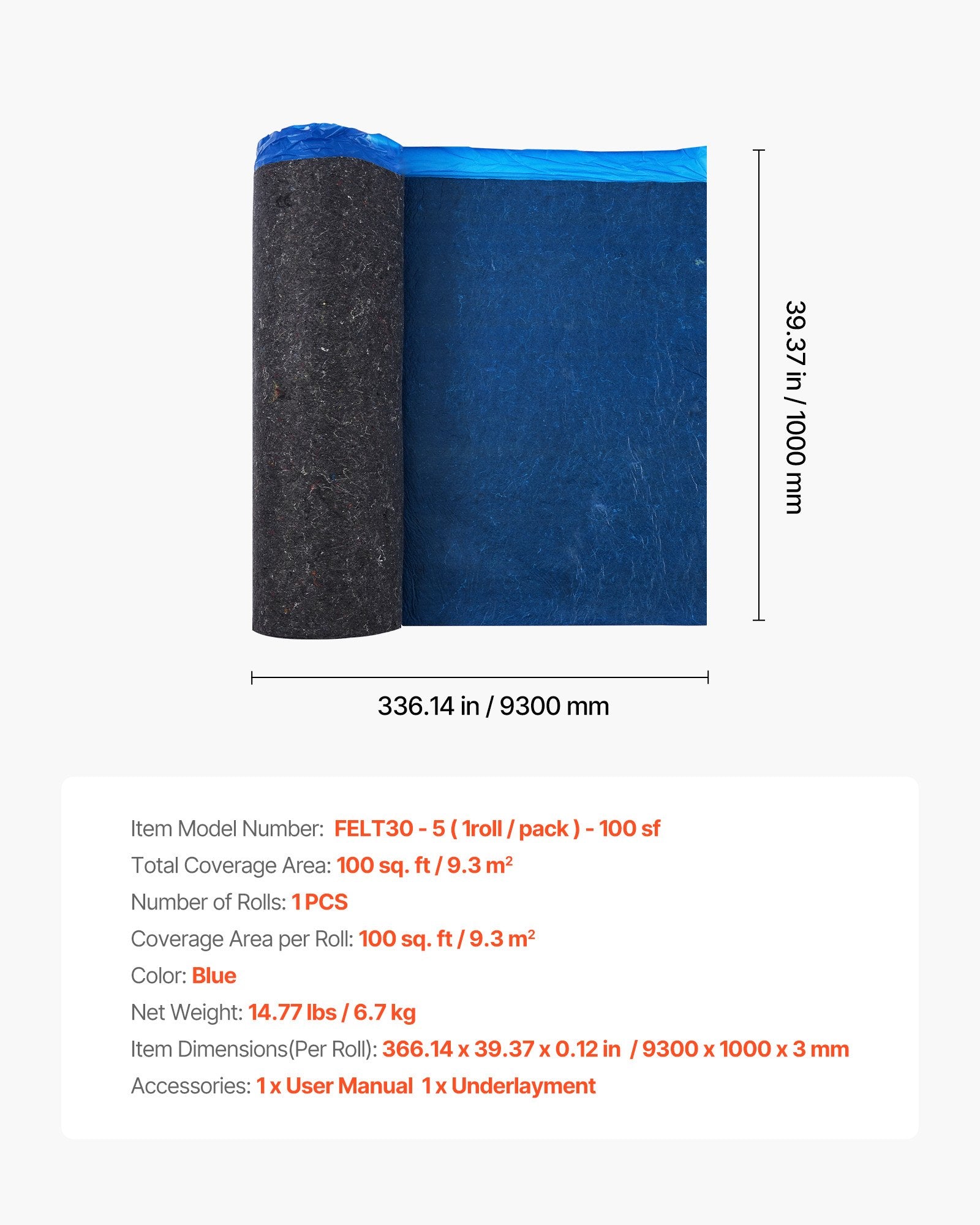 Grindų paklotas VEVOR FELT30-5, 3 mm storio, 9,3 m²