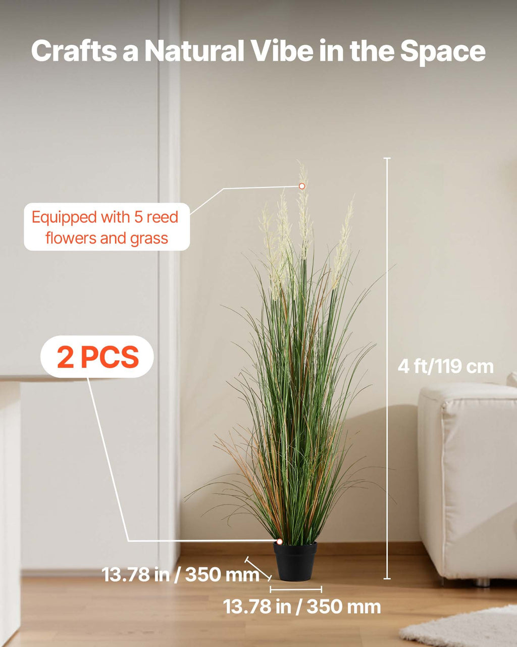 Dirbtinė nendrinė žolė VEVOR SS003, 119 cm (2 vnt.)
