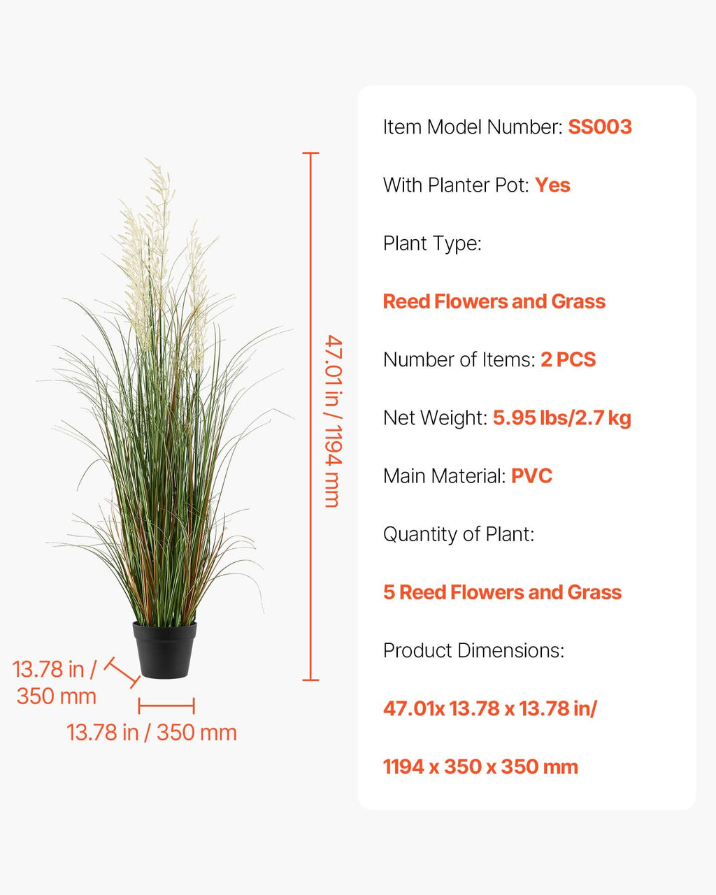 Dirbtinė nendrinė žolė VEVOR SS003, 119 cm (2 vnt.)