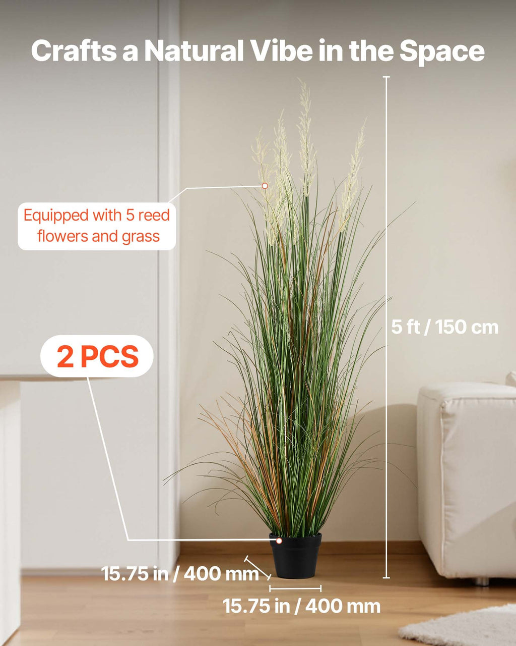 Dirbtinė nendrinė žolė VEVOR SS002, 150 cm (2 vnt.)