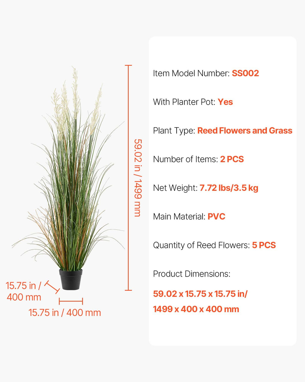 Dirbtinė nendrinė žolė VEVOR SS002, 150 cm (2 vnt.)