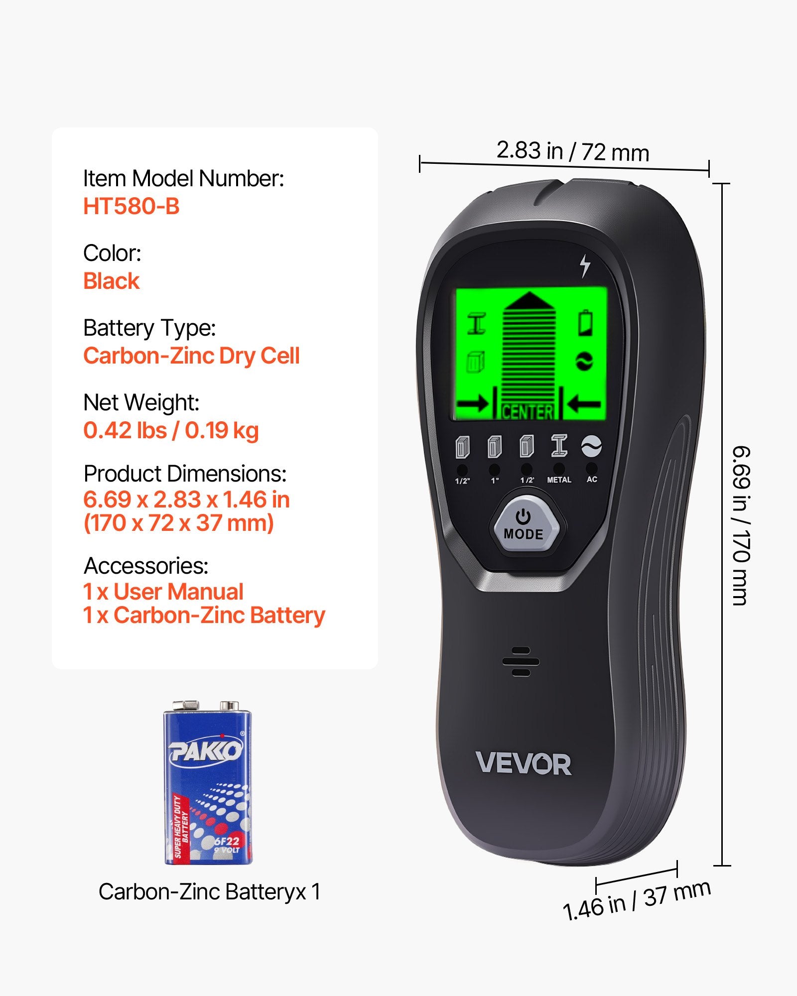 Sienų skeneris VEVOR HT580-B, 5-in-1 skenavimo režimai