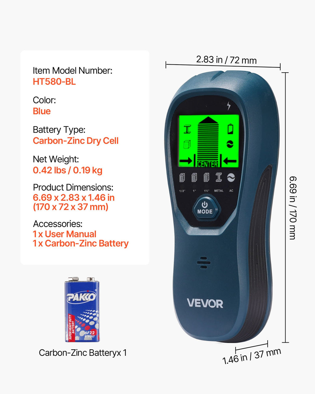 Sienų skeneris VEVOR HT580-BL, 5-in-1 detektorius