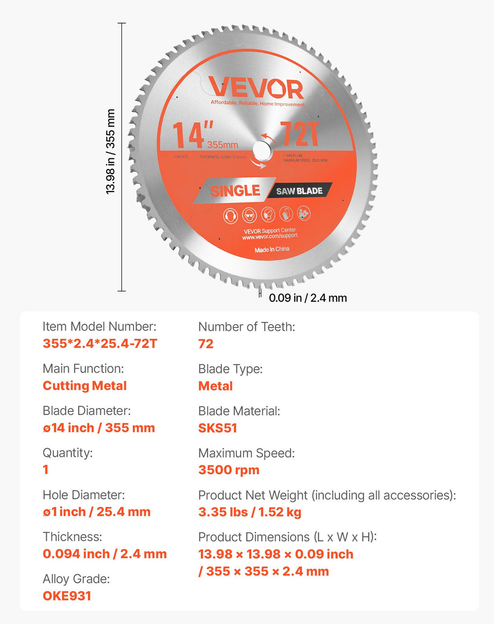 Pjovimo diskas metalui VEVOR 355*2.4*25.4-72T, 355 mm