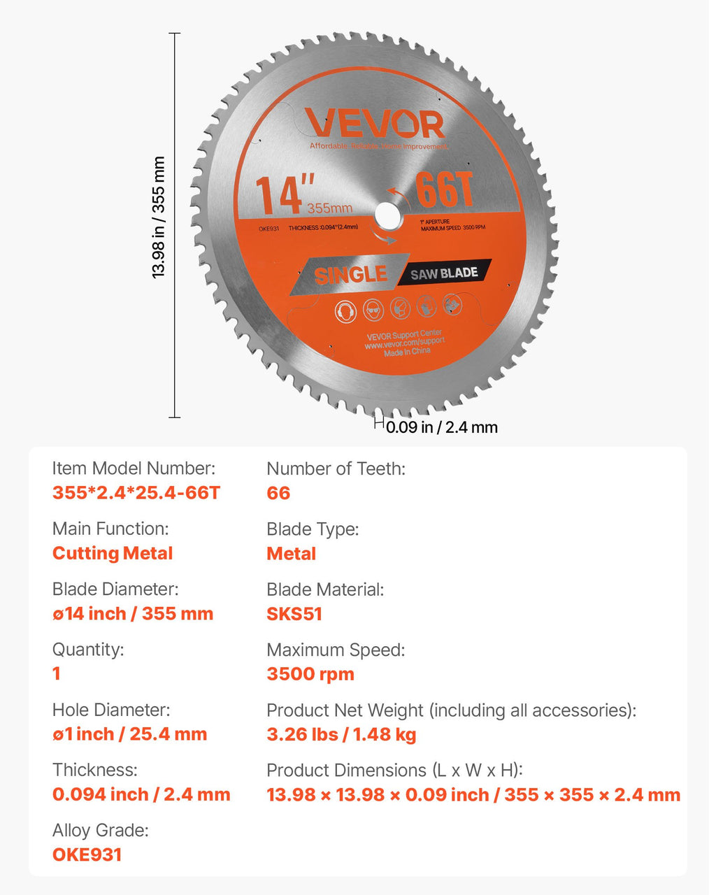 Cirkuliarinio pjūklo diskas VEVOR 355*2.4*25.4-66T, 355 mm