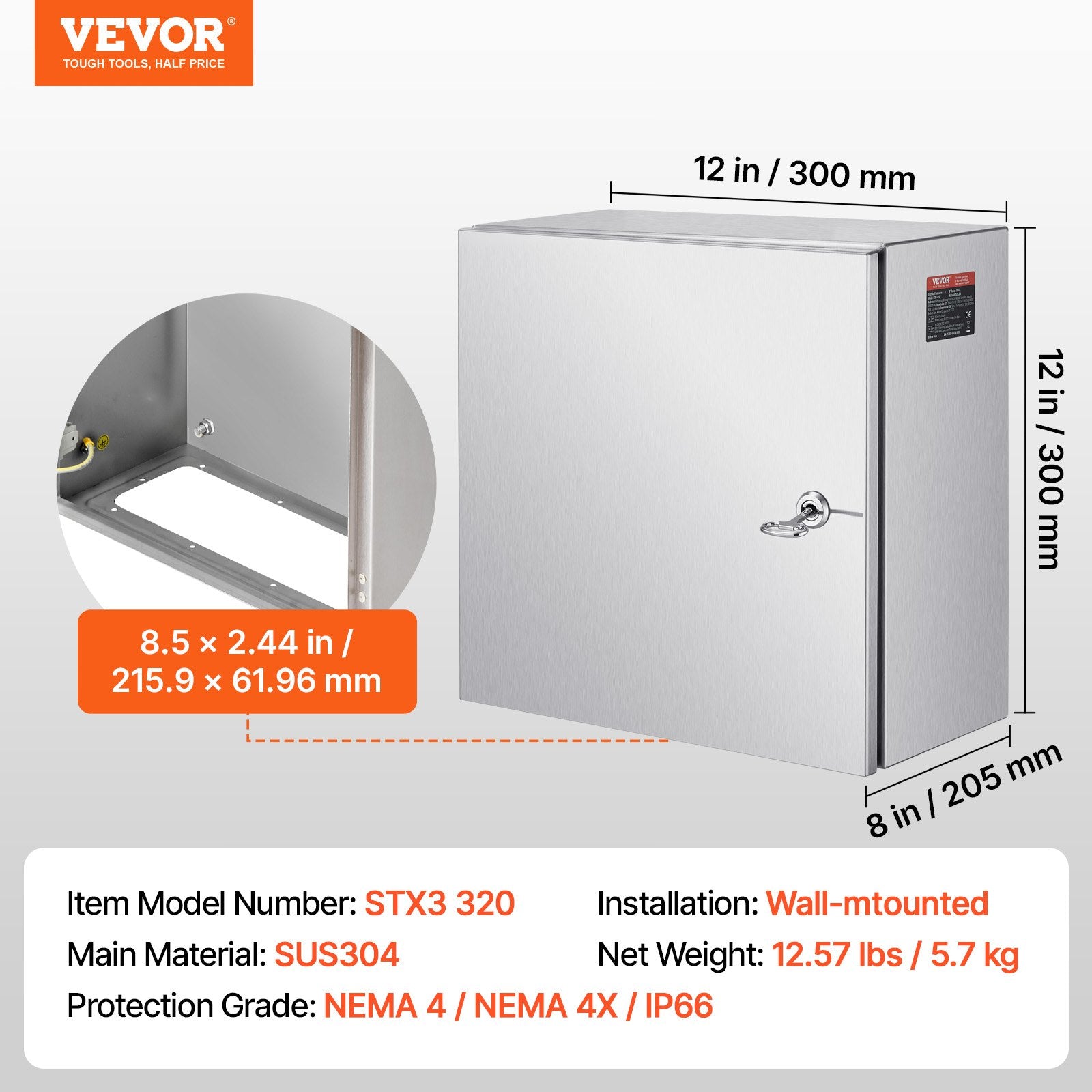 Nerūdijančio plieno elektros dėžė VEVOR STX3 320, 300 x 300 x 200 mm
