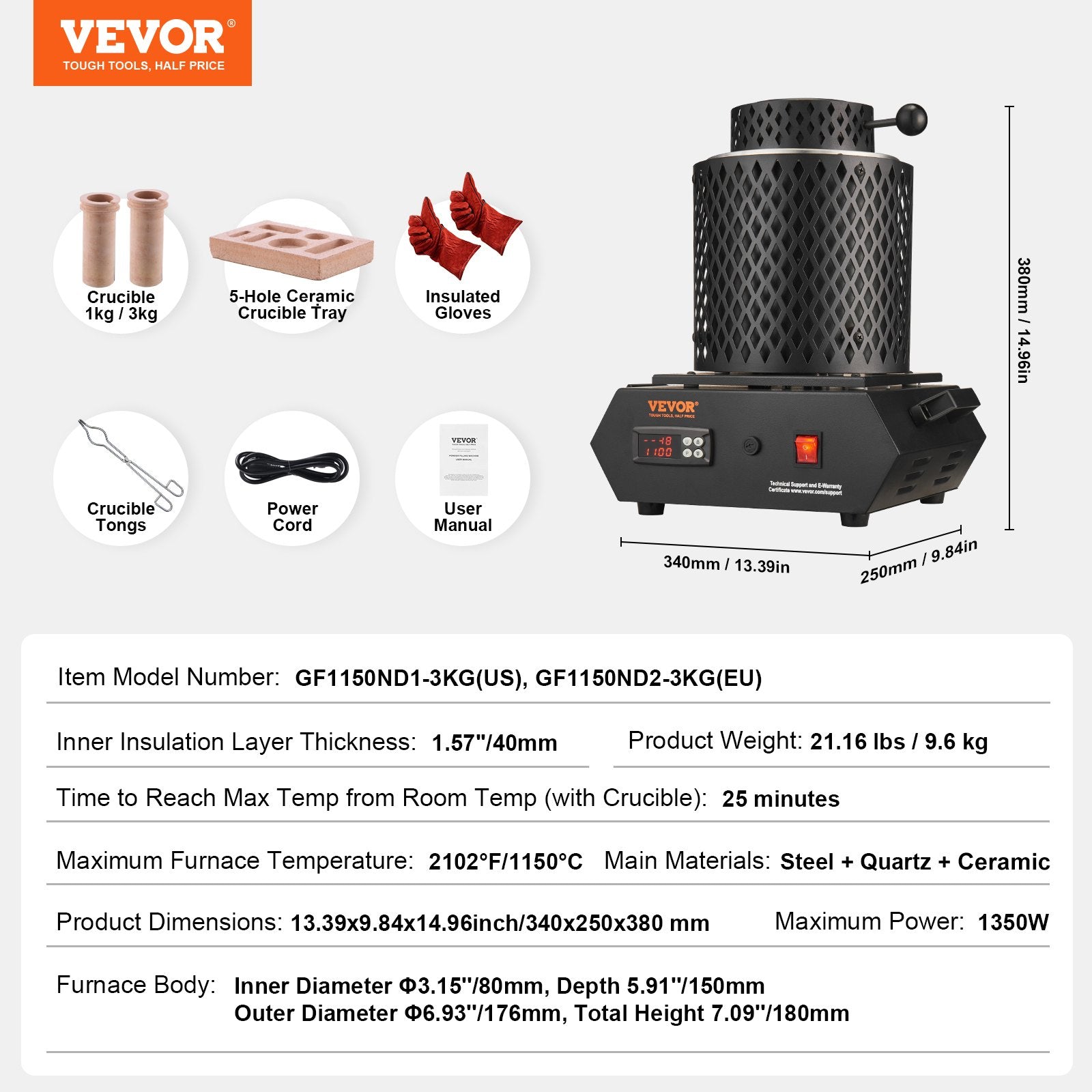 Elektrinė metalo lydymo krosnis VEVOR GF1150ND2-3KG, 1350W