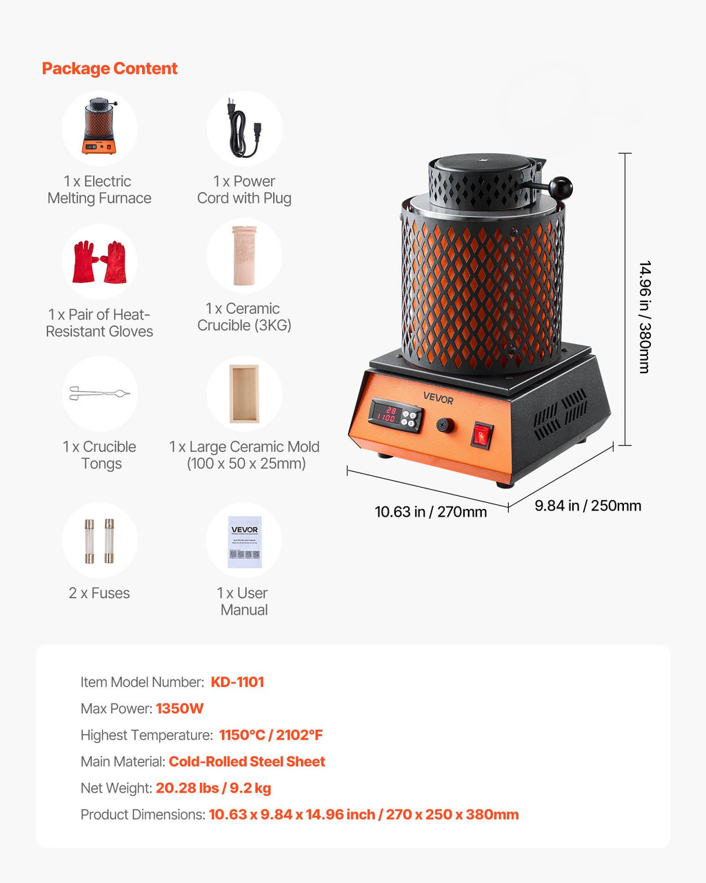 Elektrinė metalo lydymo krosnis VEVOR KD-1101, 1350W