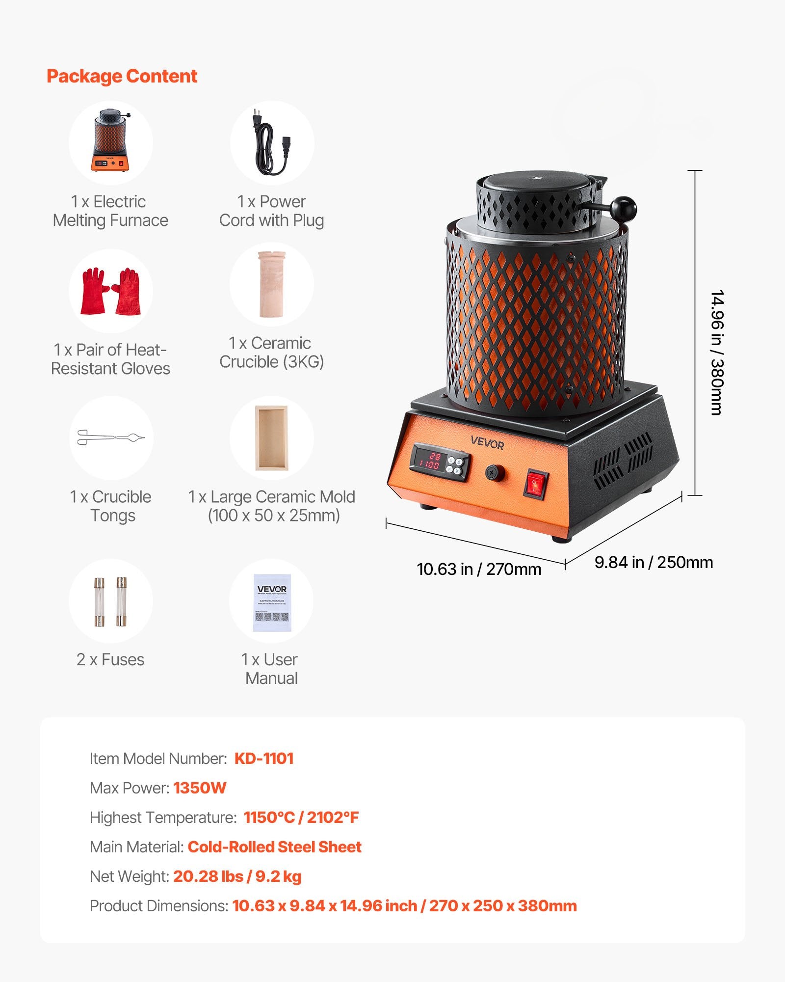 Elektrinė metalo lydymo krosnis VEVOR KD-1101, 1350W