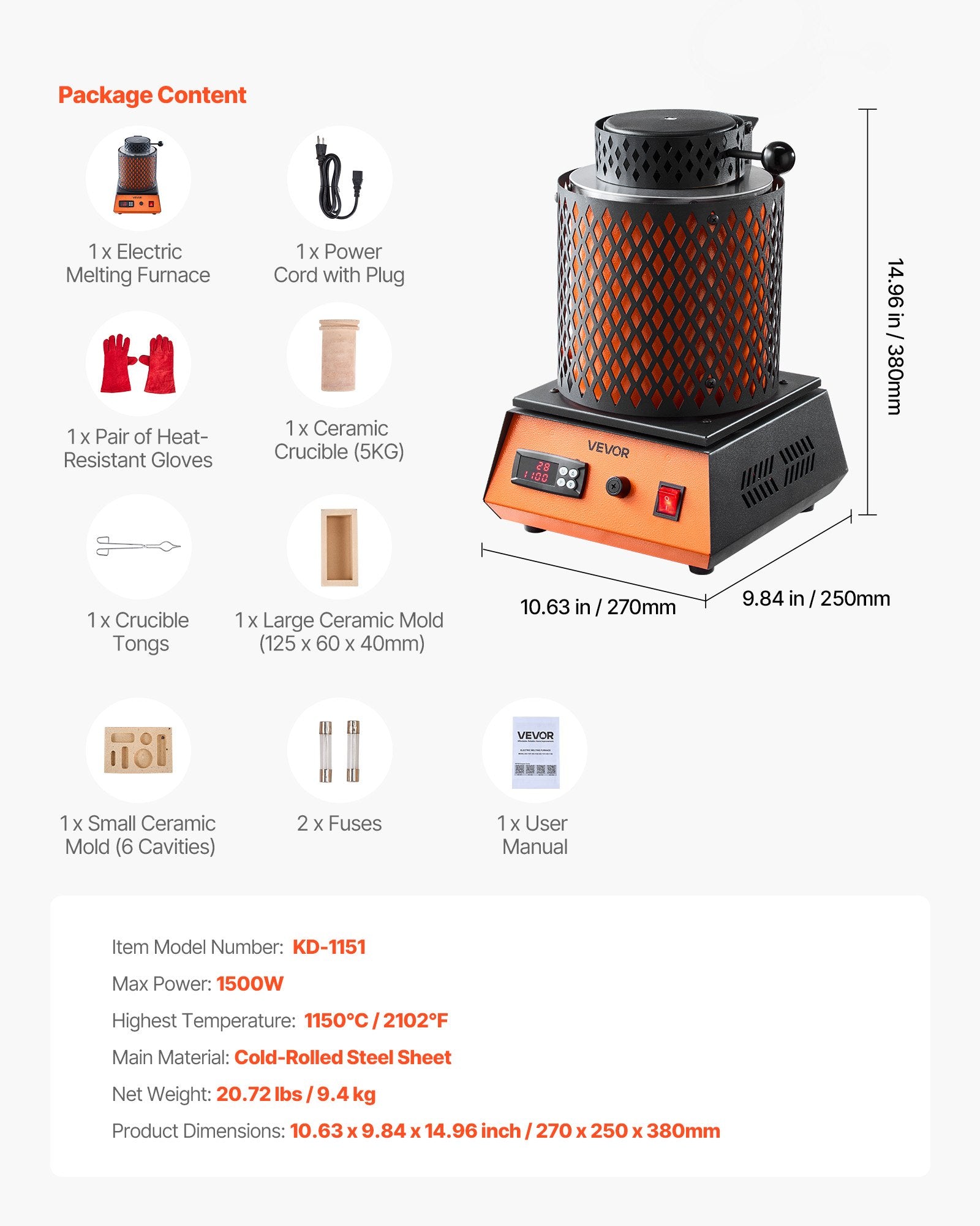 Elektrinė metalo lydymo krosnis VEVOR KD-1151, 1500W