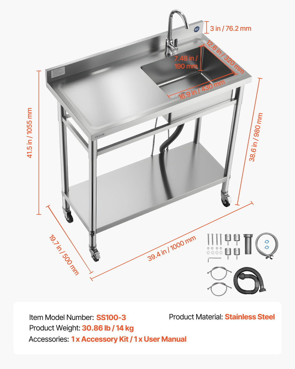 Nerūdijančio plieno plautuvė VEVOR SS100-3, 1000 x 500 x 1055 mm