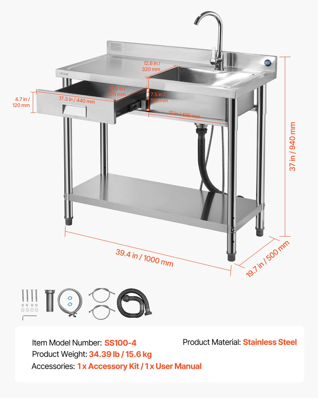 Nerūdijančio plieno plautuvė VEVOR SS100-4, 1000 x 500 x 940 mm
