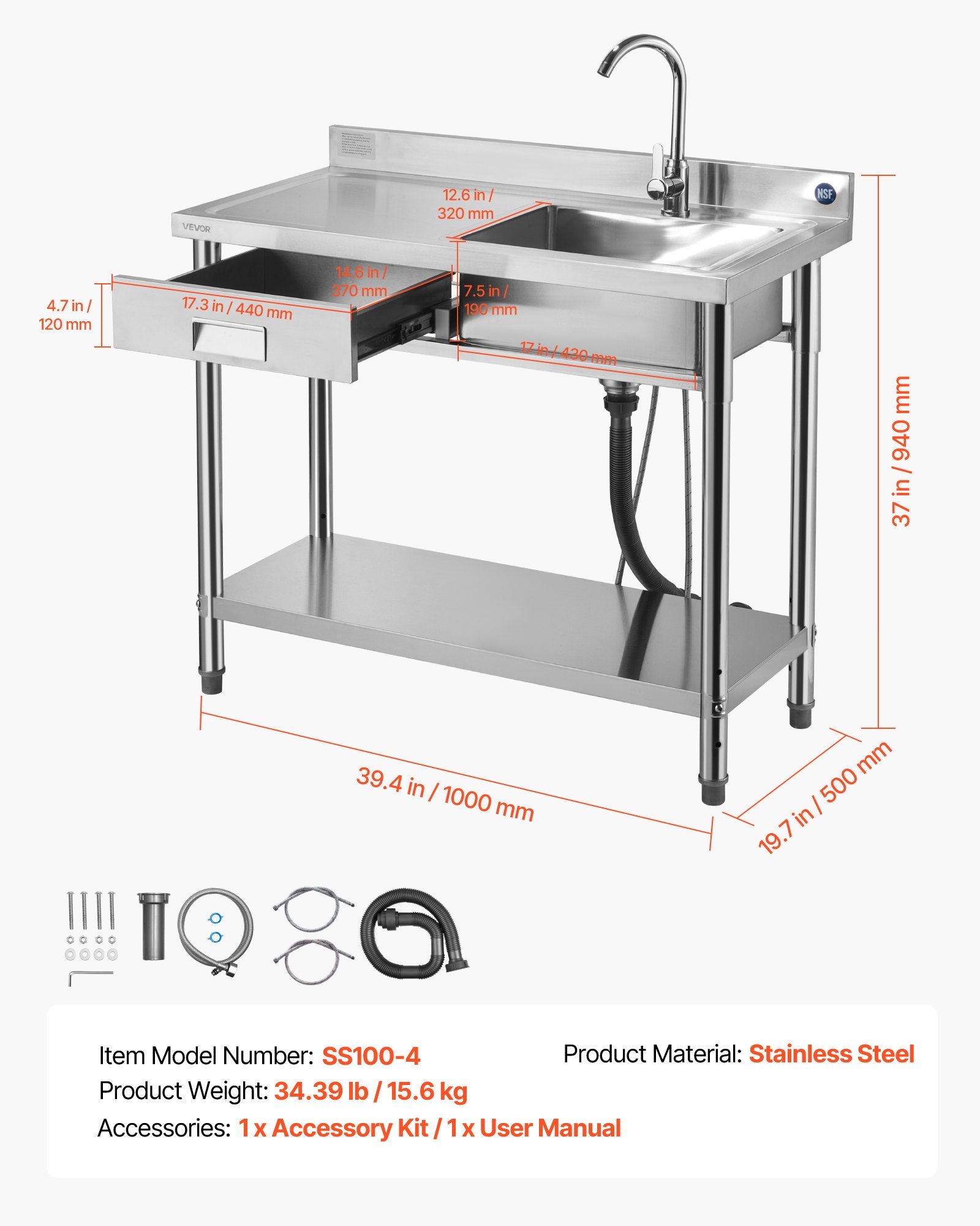 Nerūdijančio plieno plautuvė VEVOR SS100-4, 1000 x 500 x 940 mm