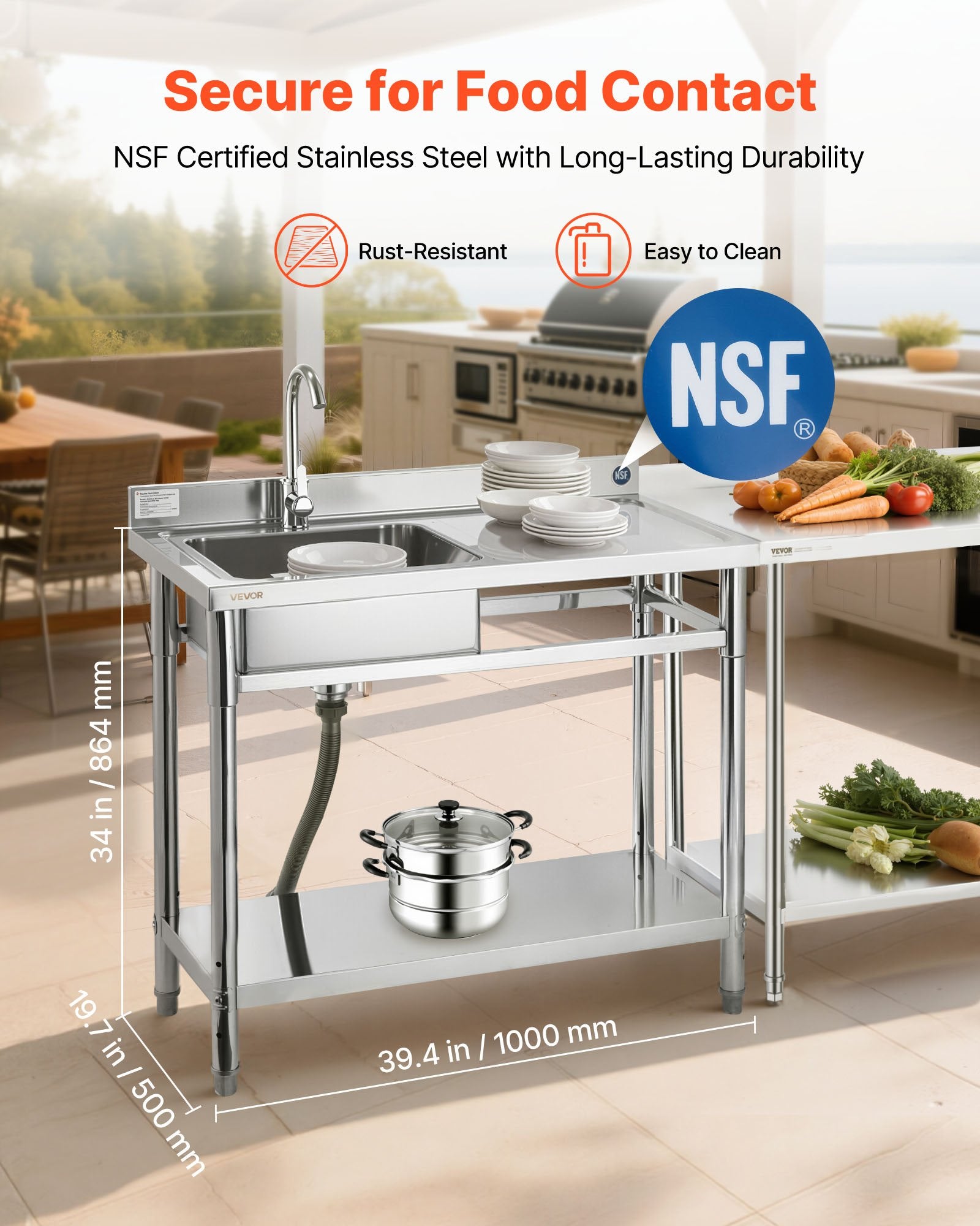 Nerūdijančio plieno plautuvė VEVOR SS100-1, 1000 x 500 x 940 mm