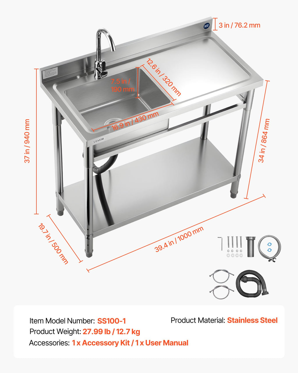 Nerūdijančio plieno plautuvė VEVOR SS100-1, 1000 x 500 x 940 mm