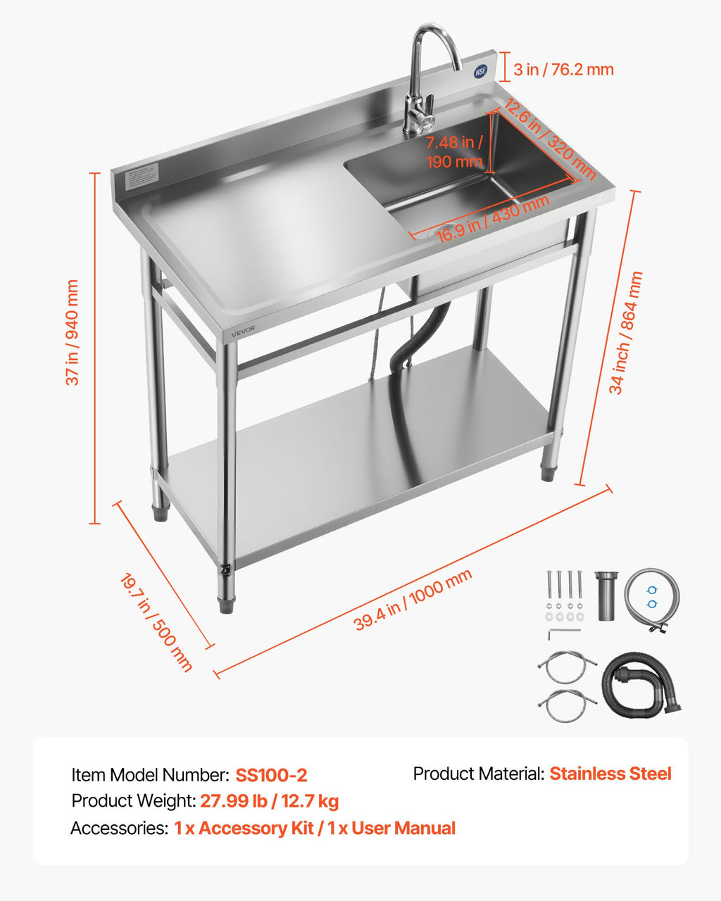 Nerūdijančio plieno plautuvė VEVOR SS100-2, 1000 x 500 x 940 mm