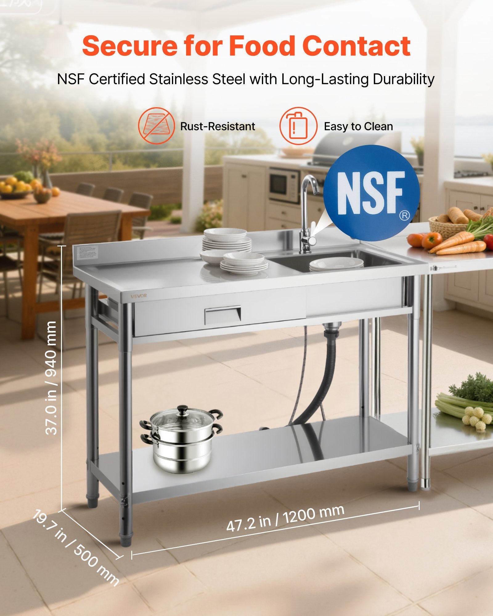 Nerūdijančio plieno plautuvė VEVOR SS1200-5, 1200 x 500 x 940 mm
