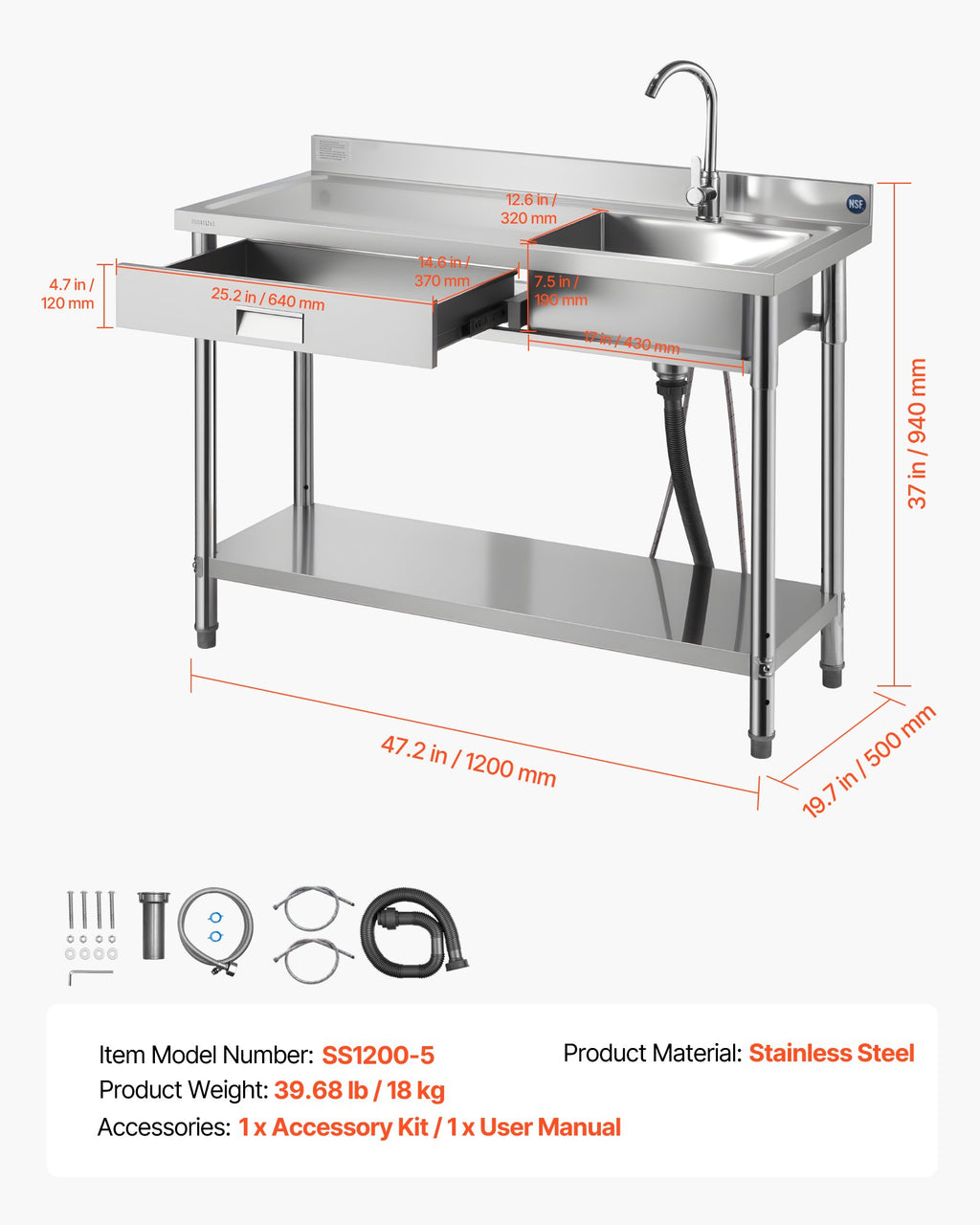 Nerūdijančio plieno plautuvė VEVOR SS1200-5, 1200 x 500 x 940 mm