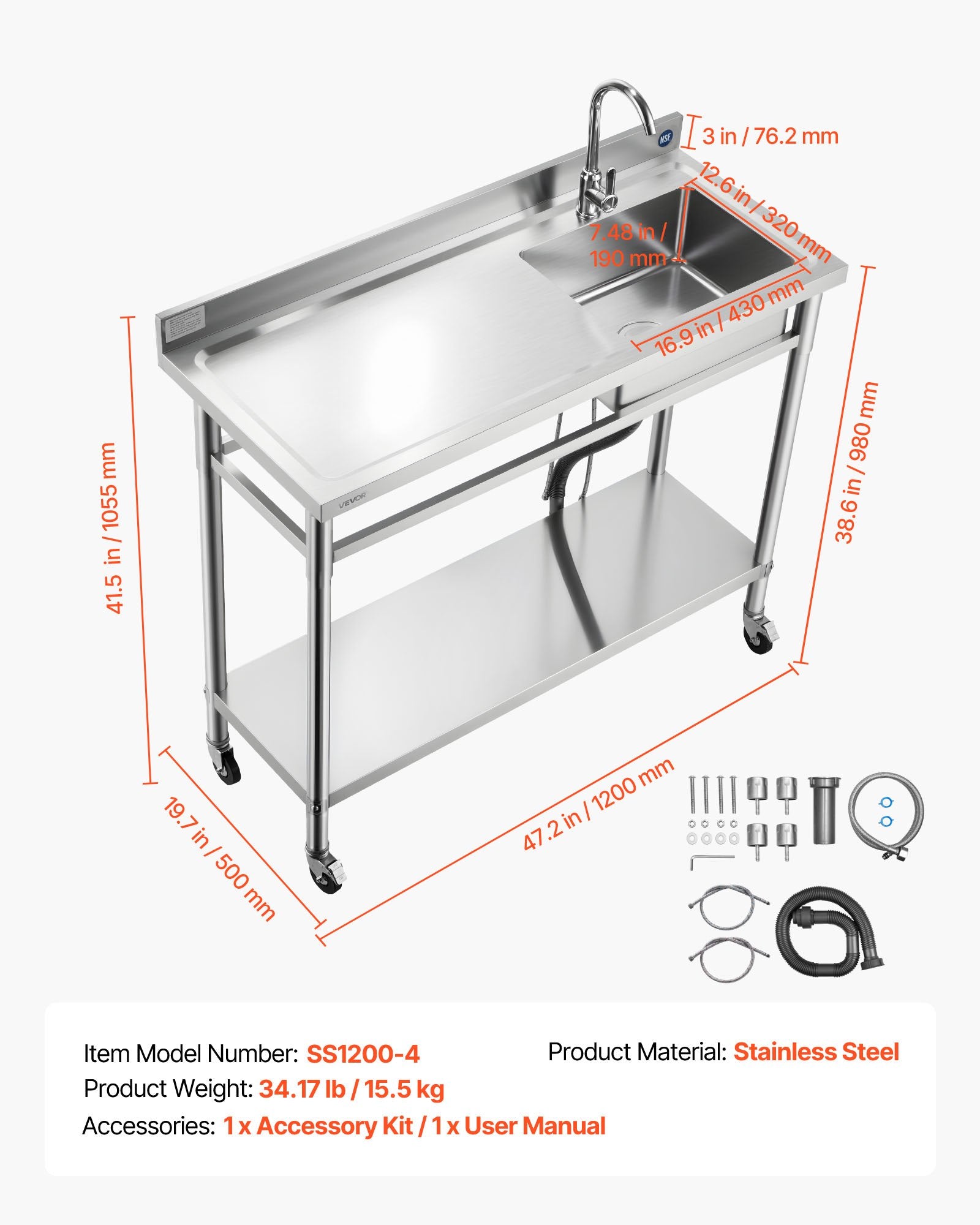 Nerūdijančio plieno plautuvė VEVOR SS1200-4, 1200 x 500 x 1055 mm