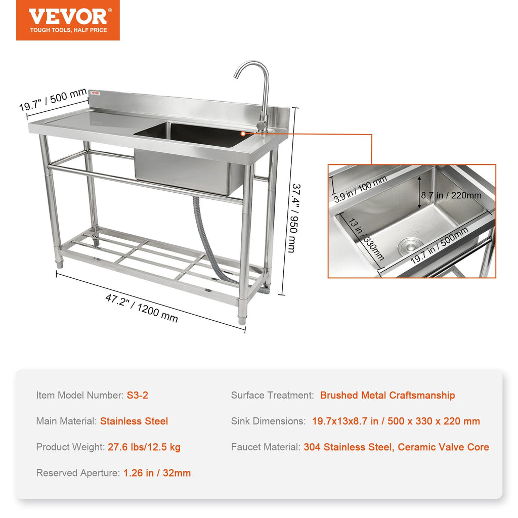 Nerūdijančio plieno plautuvė VEVOR S3-2, 120 cm
