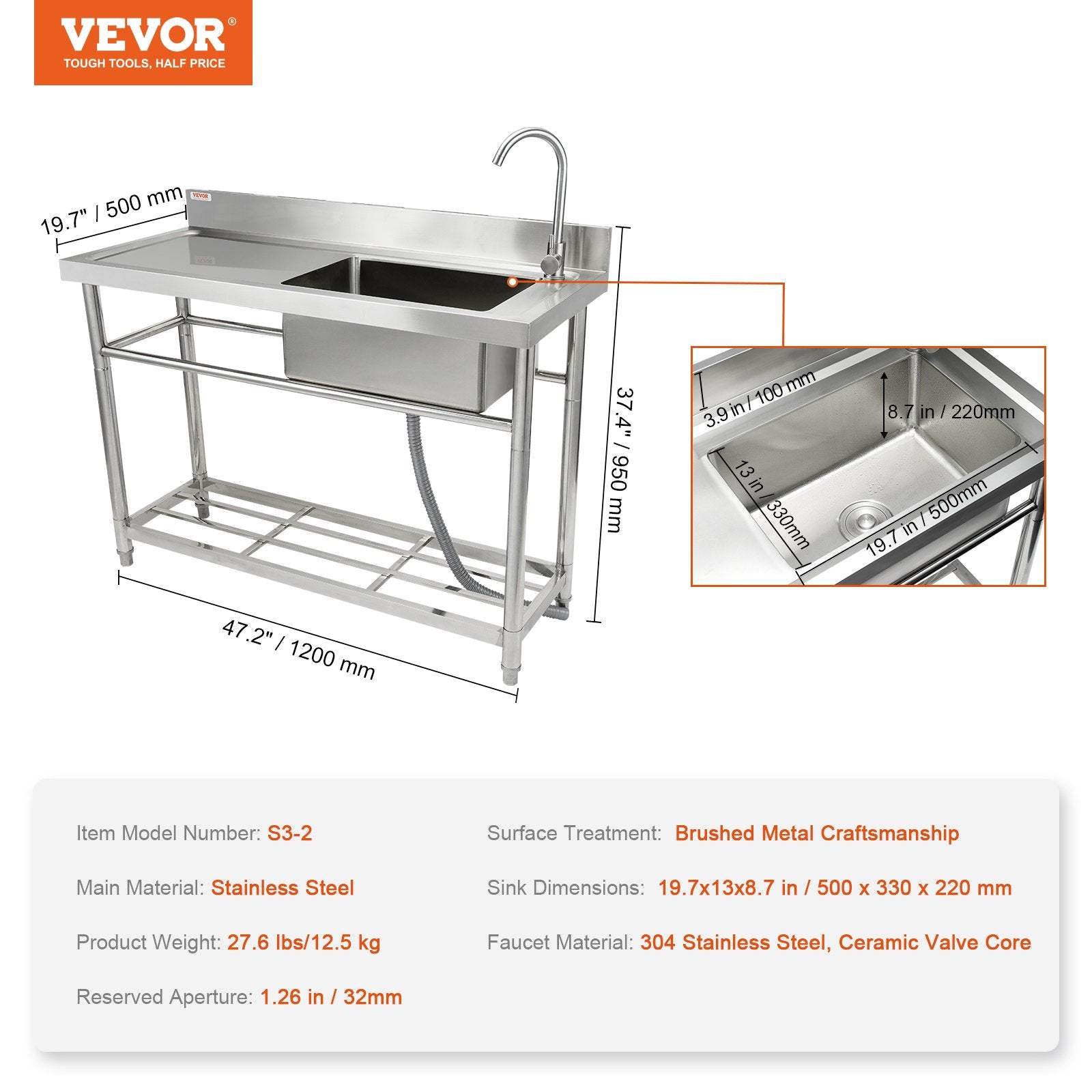 Nerūdijančio plieno plautuvė VEVOR S3-2, 120 cm