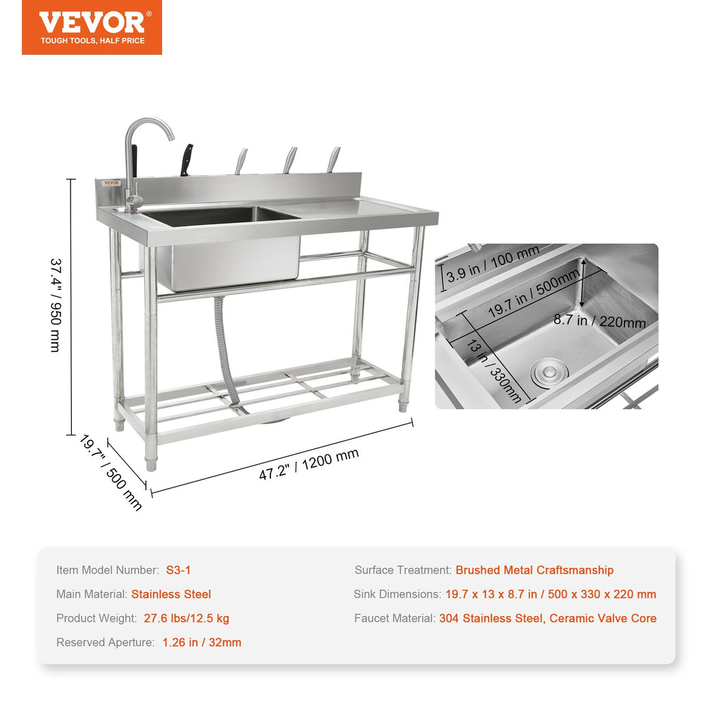 Nerūdijančio plieno plautuvė VEVOR S3-1, 119,4 x 50 x 95 cm