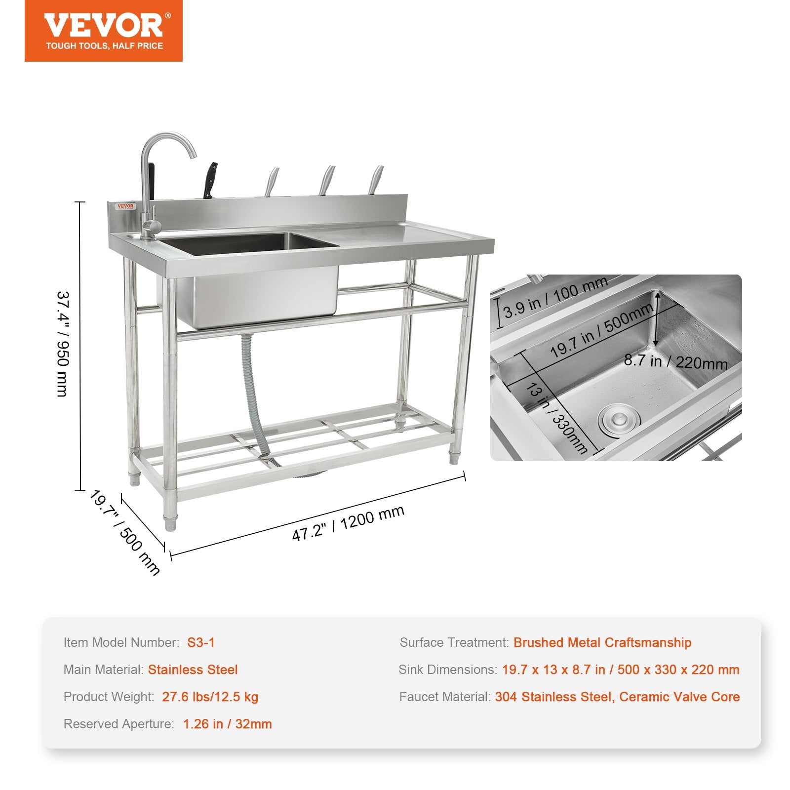 Nerūdijančio plieno plautuvė VEVOR S3-1, 119,4 x 50 x 95 cm
