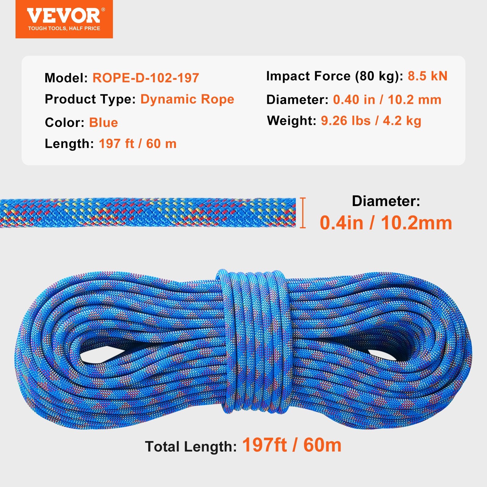 Dinaminė laipiojimo virvė VEVOR ROPE-D-102-197, 60 m