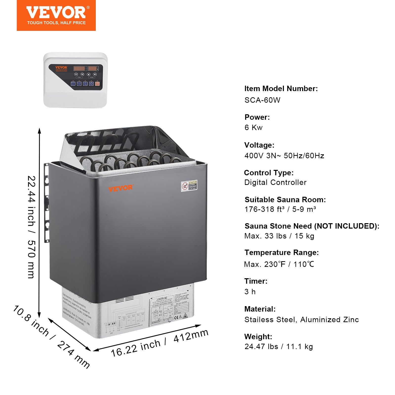 Pirties krosnelė VEVOR SCA-60BW, 6,2 kW
