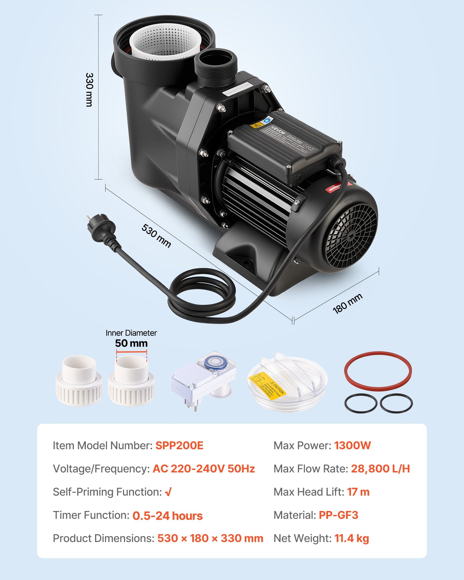 Baseino siurblys VEVOR SPP200E, 1300 W