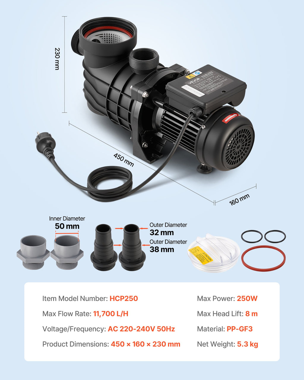 Antžeminių baseinų siurblys VEVOR HCP250, 250 W