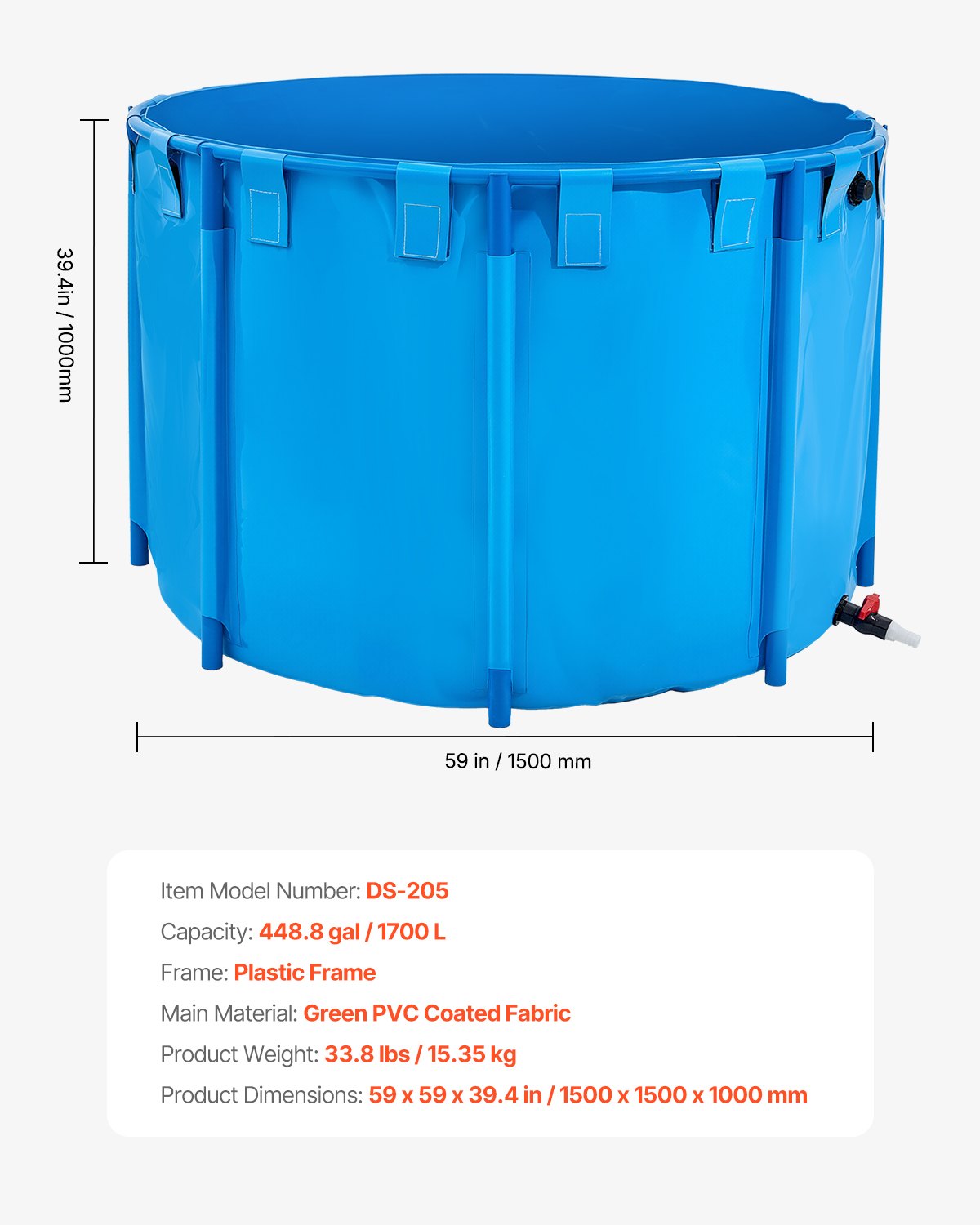 Antžeminis tvenkinys žuvims VEVOR DS-205, 1700 l talpa