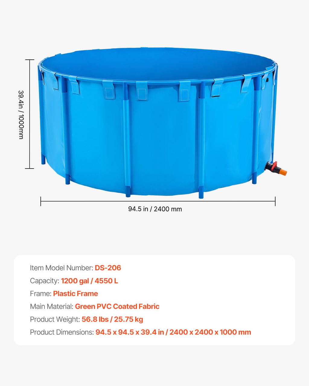 Antžeminis žuvų auginimo tvenkinys VEVOR DS-206, 4550 l