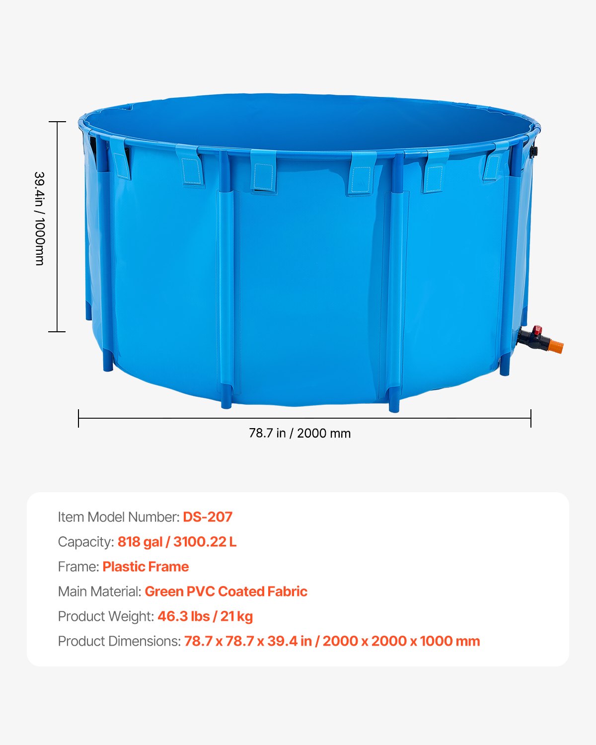 Antžeminis žuvų tvenkinys VEVOR DS-207, 3100 l