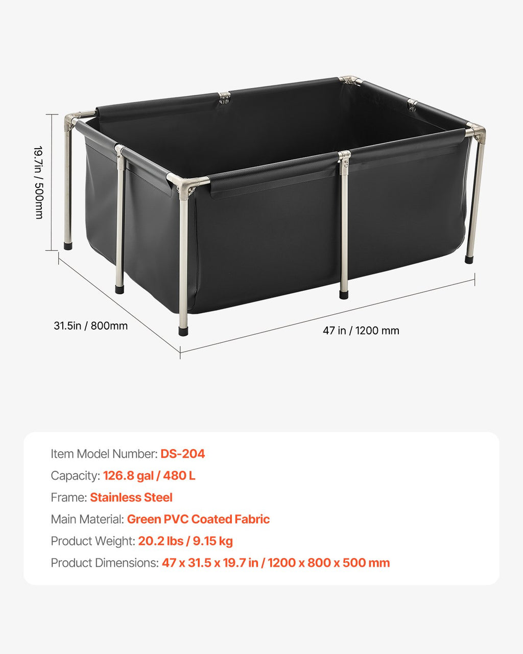 Sulankstomas tvenkinys žuvims VEVOR DS-204, 480 l