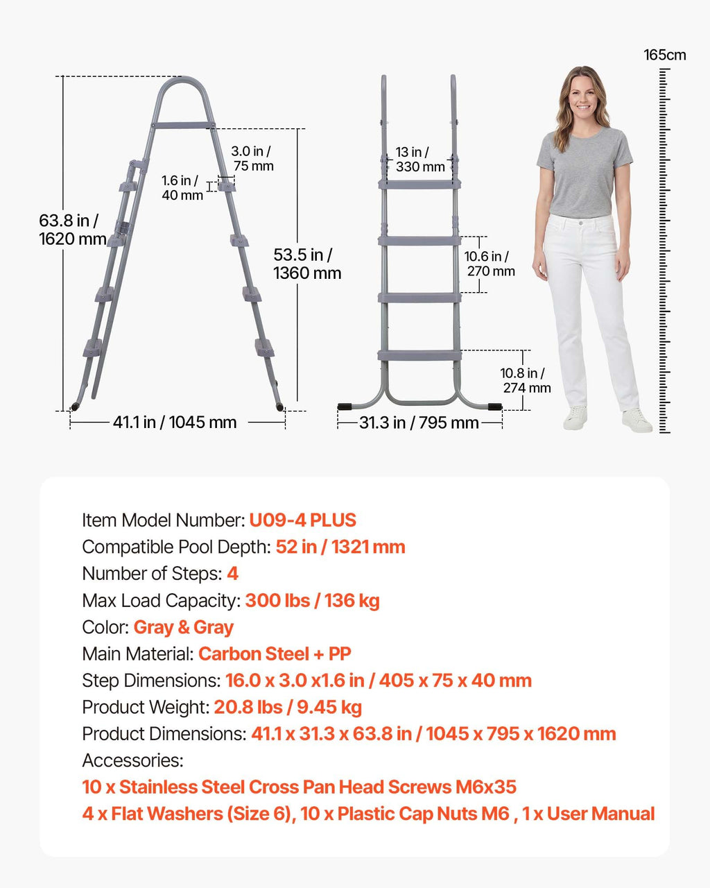 Baseino kopėčios VEVOR U09-4 PLUS, 132 cm aukščio baseinams