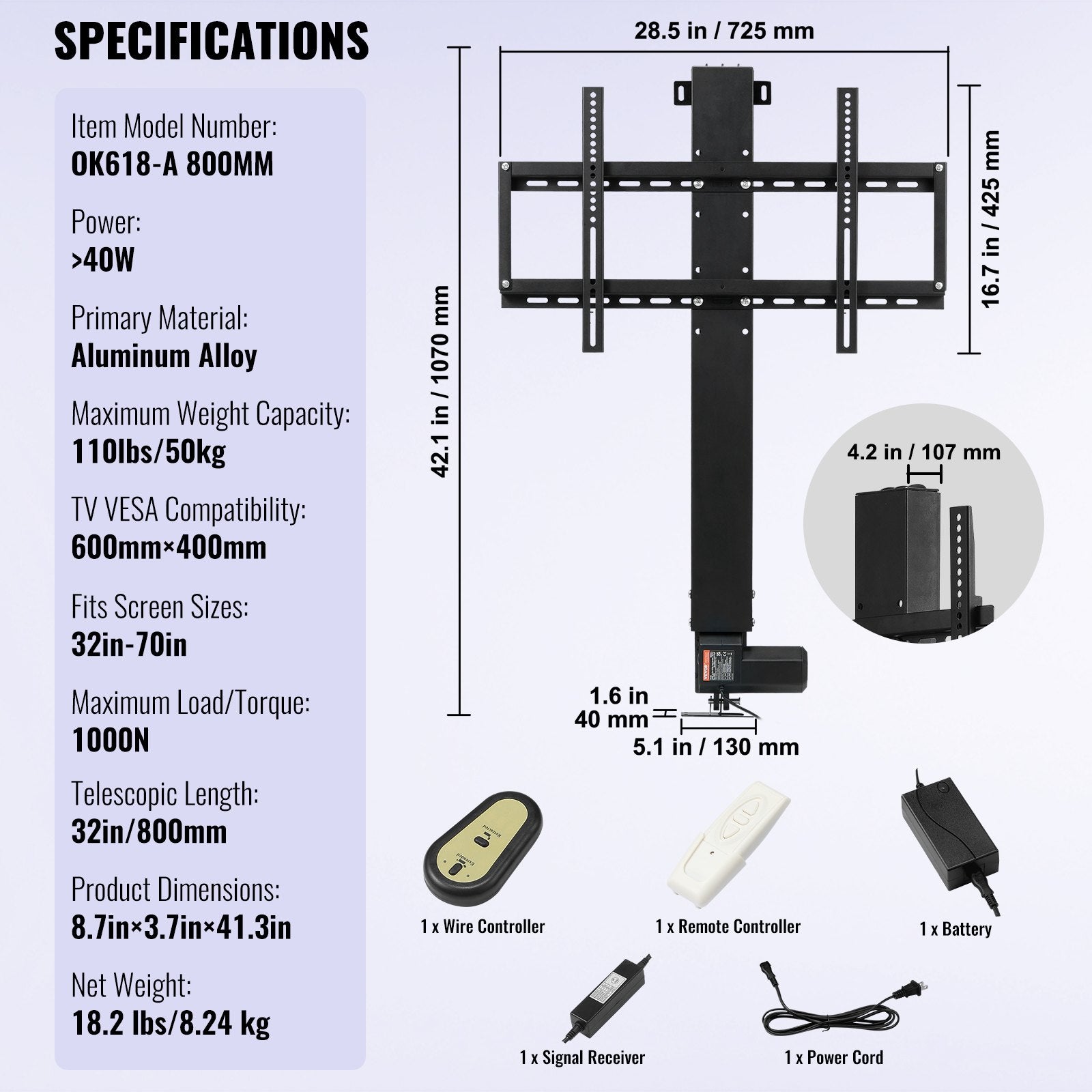 Motorizuotas televizoriaus laikiklis VEVOR TV Lift, skirtas 26–60 colių ekranams