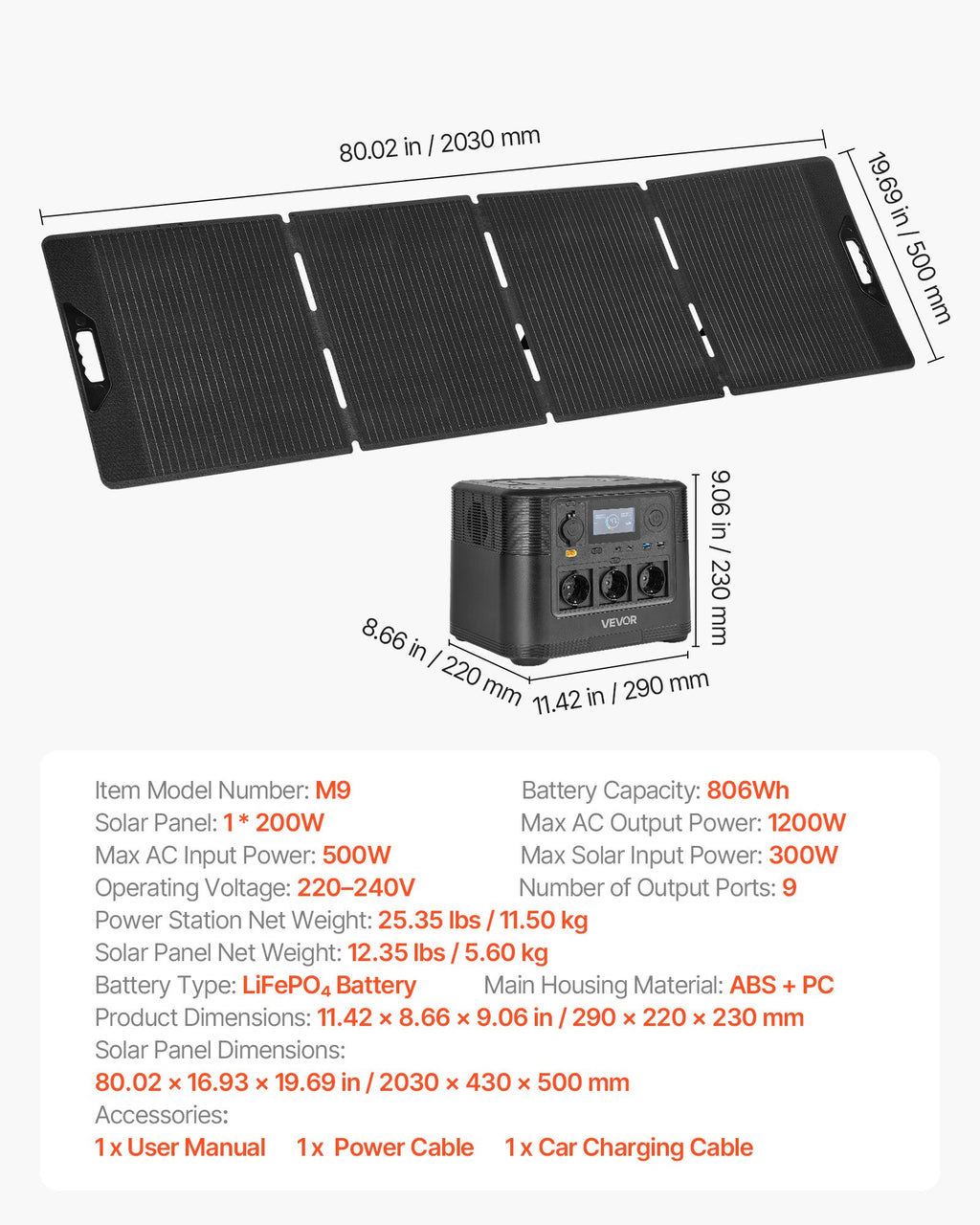 Nešiojama elektrinė su saulės baterija VEVOR M9, 1200W