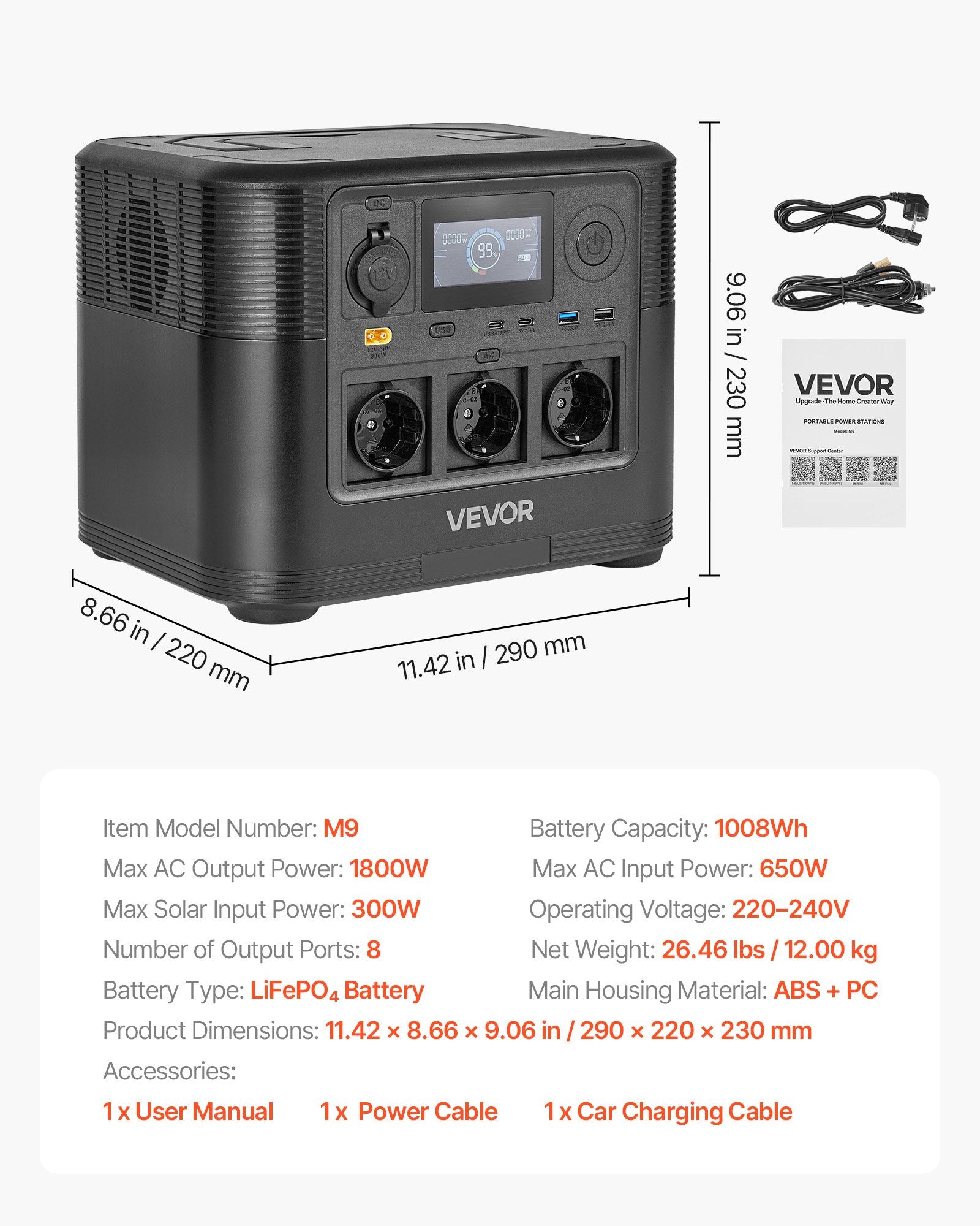 Nešiojama įkrovimo stotelė VEVOR M9, 1800W