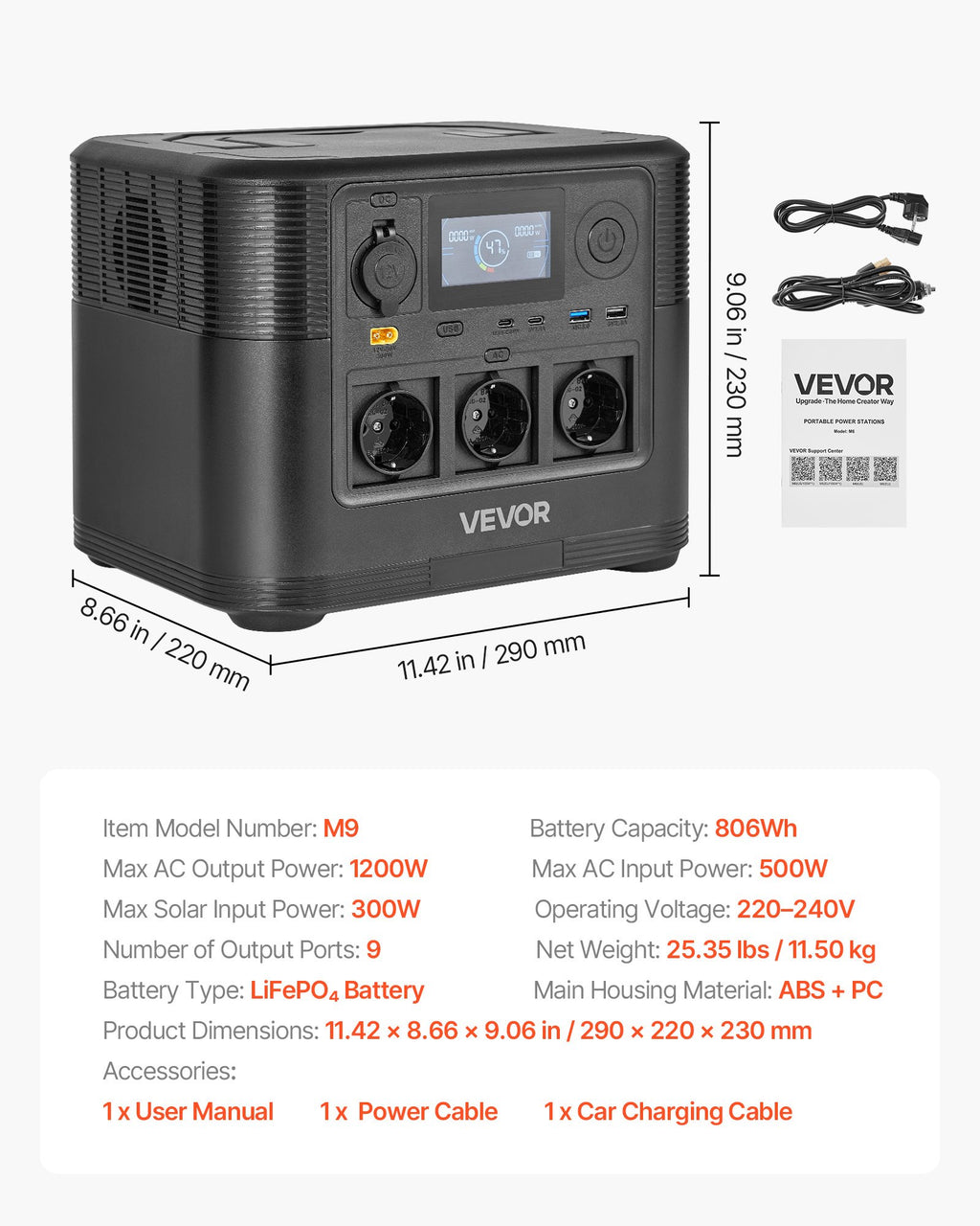 Nešiojama įkrovimo stotelė VEVOR M9, 1200W