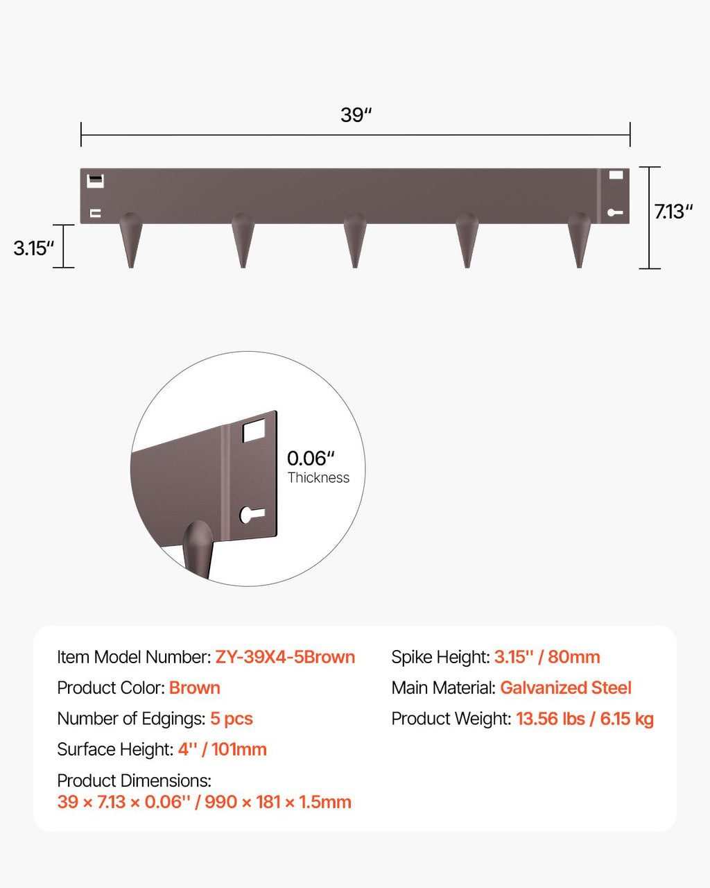 Plieniniai vejos atitvarai VEVOR ZY-39X4-5Brown, 5 vnt.