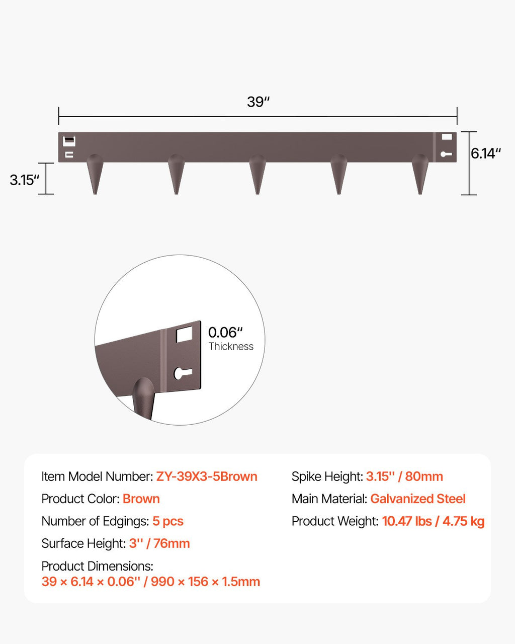 Plieniniai vejos borteliai VEVOR ZY-39X3-5Brown, 5 vnt. rinkinys