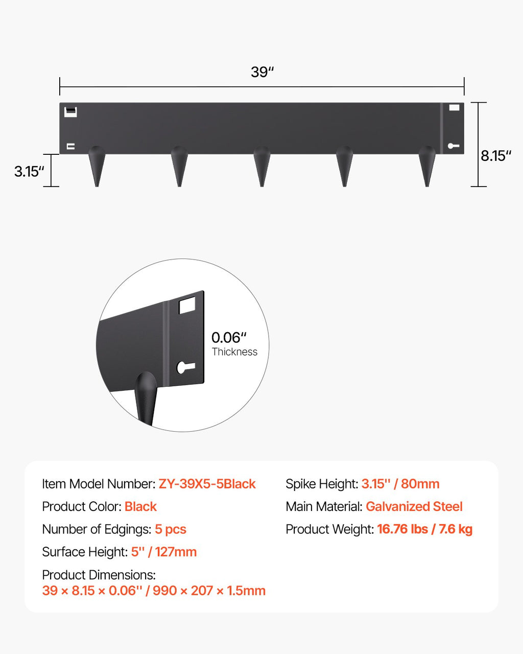 Plieniniai vejos atitvarai VEVOR ZY-39X5-5Black, 5 vnt. rinkinys