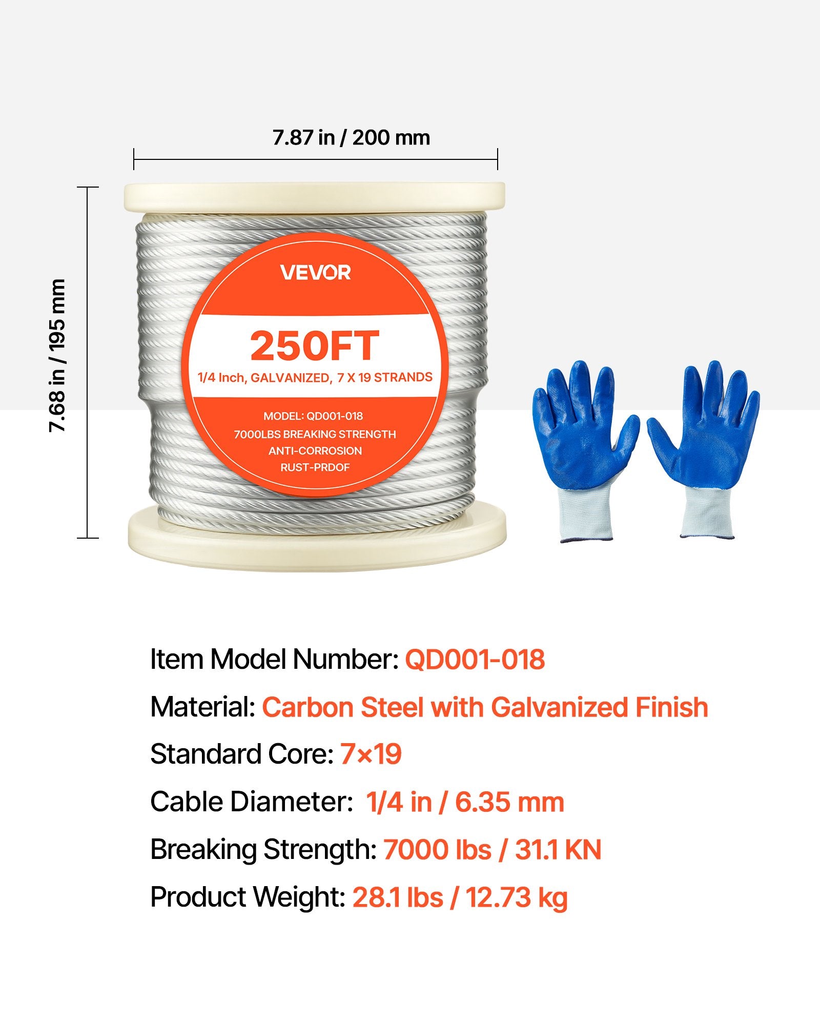 Plieninis trosas VEVOR QD001-018, 6,35 mm x 76,2 m
