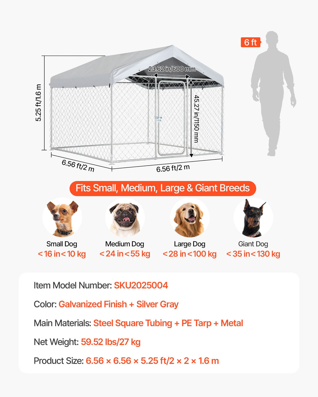 Lauko voljeras šunims VEVOR SKU2025004, 2 x 2 x 1,6 m