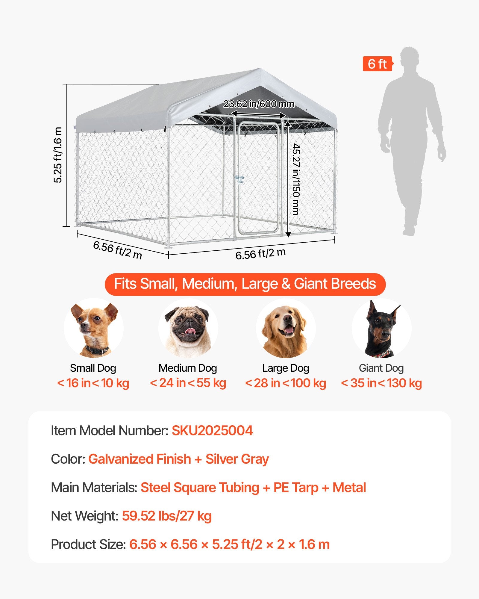Lauko voljeras šunims VEVOR SKU2025004, 2 x 2 x 1,6 m