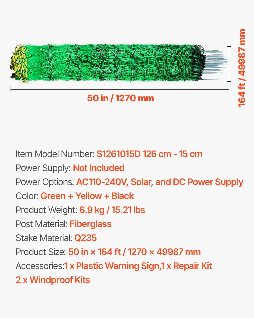 Elektrinis tinklas aptvarui VEVOR S1261015D, 1,27 m x 50 m