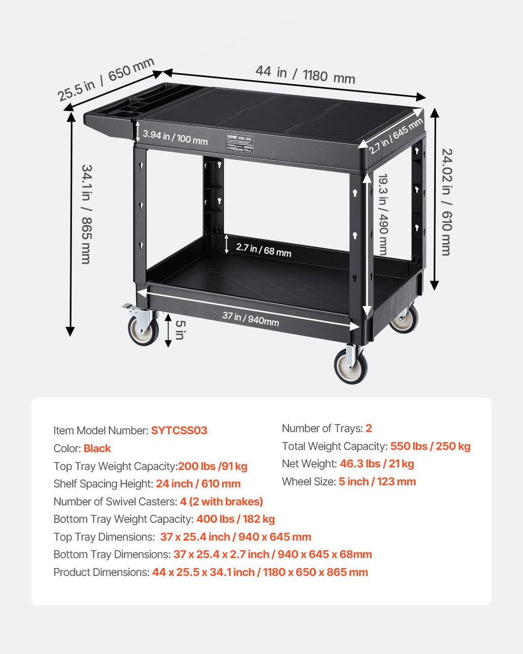 Vežimėlis įrankiams ir prekėms VEVOR SYTCSS03, 250 kg keliamoji galia