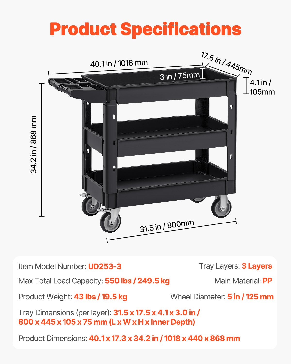Serviso vežimėlis VEVOR UD253-3, 250 kg keliamoji galia