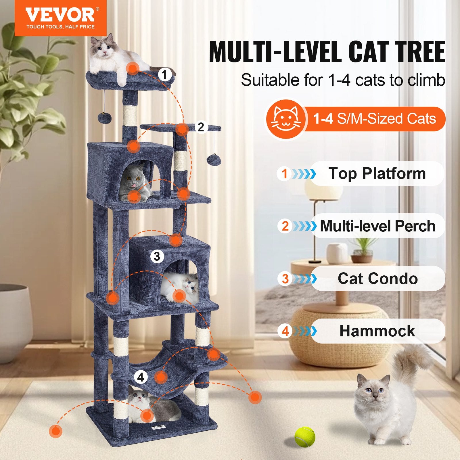 Draskyklė-namelis katėms VEVOR CAT793, 160 cm aukščio